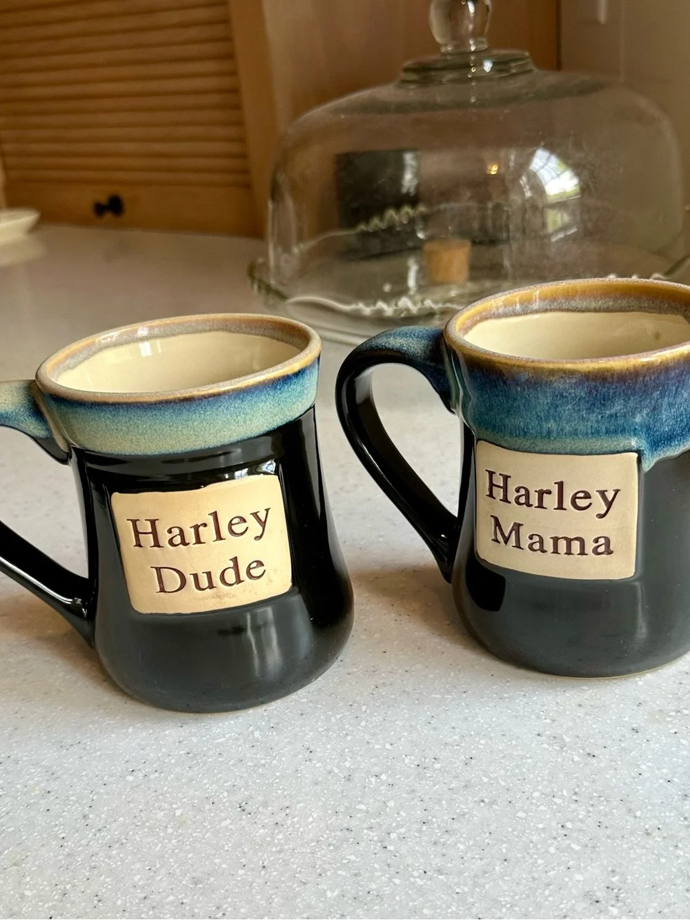 Harley-Davidson Black Mugs with Blue and Cream Rims - Harley Dude & Harley Mama
